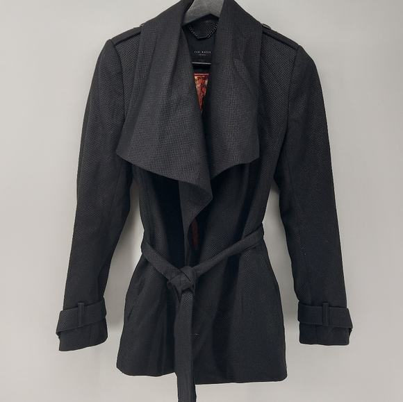 Ted Baker Wool Belted Wrap Black Short Coat TB 1 Size Small - Picture 2 of 9